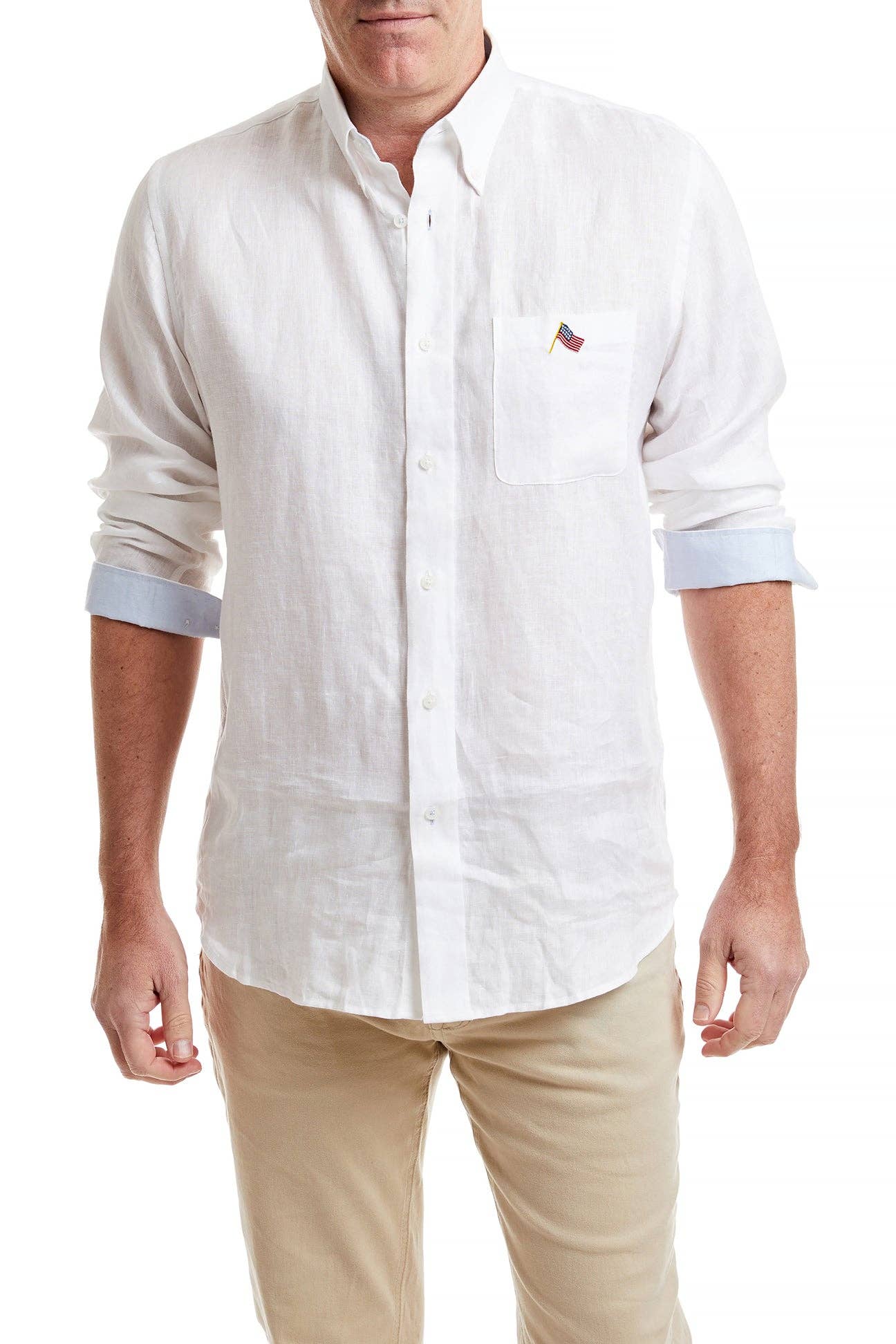 bleu Chemise Chase en lin blanc avec bordure bleu poudré et drapeau américain en vente sur Faire5