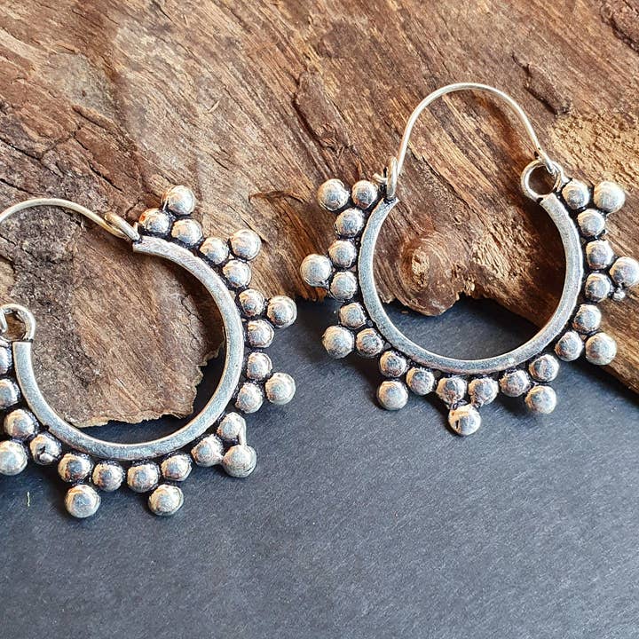 Kaali Boutique – wholesale Hoop earrings – Gypsy Flower Silver Hoop Earrings; Ethnic, Geometric, Rustic, Yoga, Hippie, Gypsy, Pretty, Psy, Boho, Bohemian, Festival1