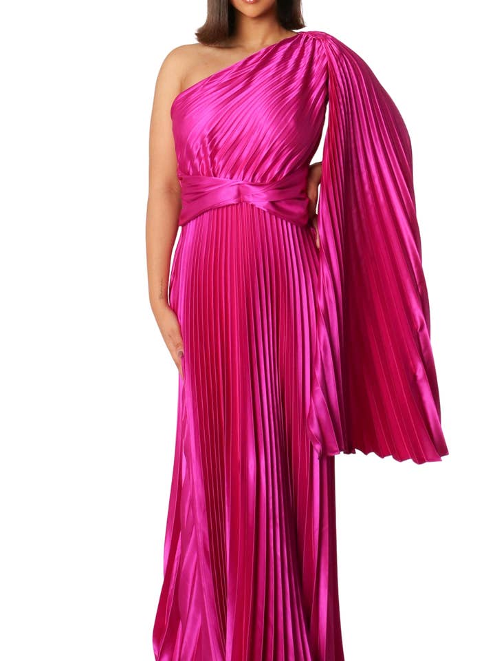 PLEATED TEXTURE SINGLE DRAPE SLEEVE MAXI DRESS for wholesale by JBLA FASHION
