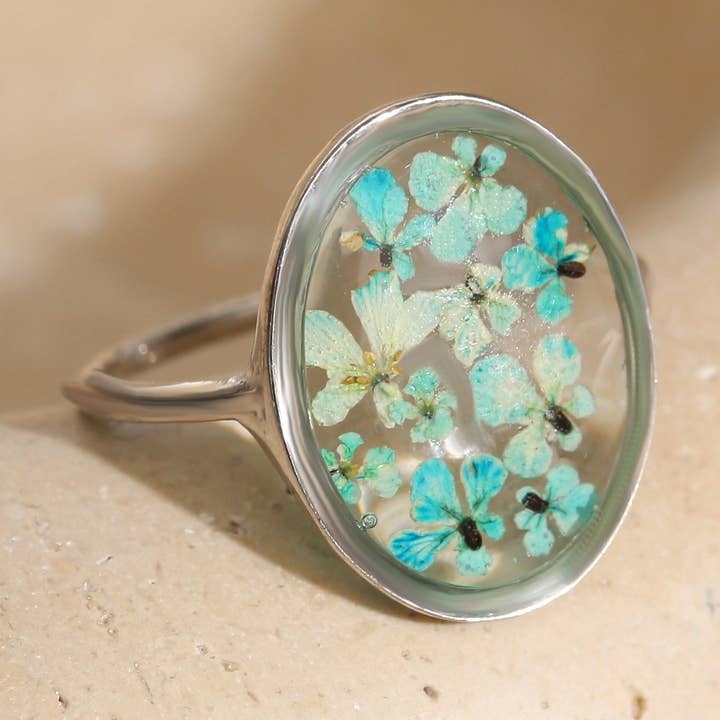 Anello Ovale in Rodio con Fiore Blu Reale per la vendita all'ingrosso da parte di fioreldesign