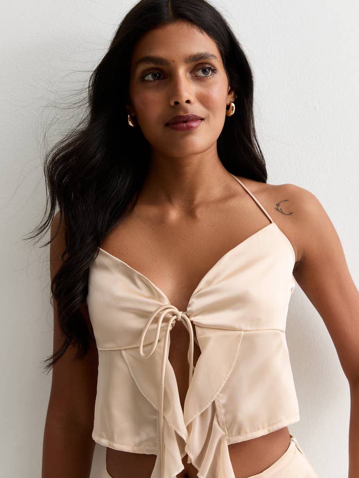 Champagne Satin Ruffle Tie Front Top for wholesale by GINI LONDON