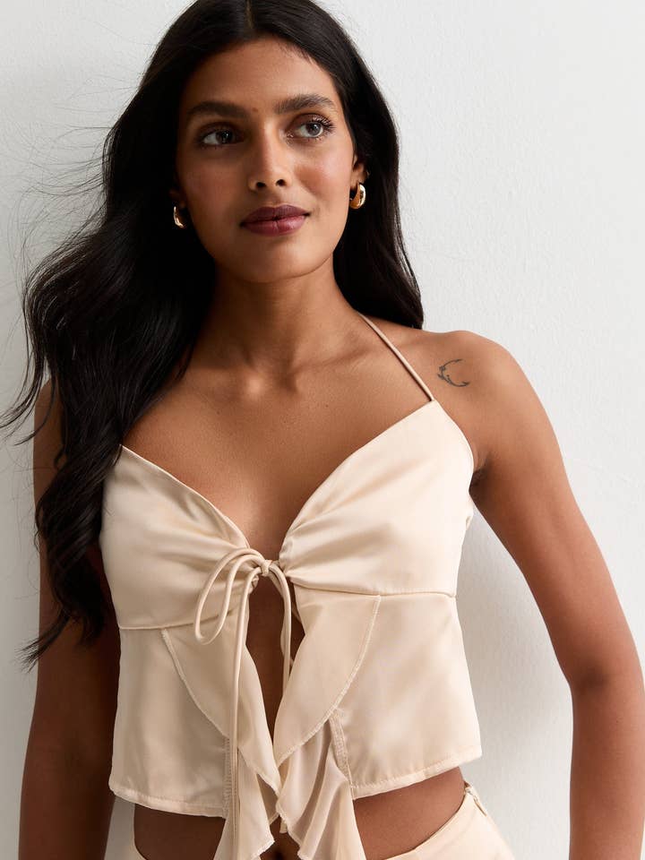 Champagne Satin Ruffle Tie Front Top for wholesale by GINI LONDON