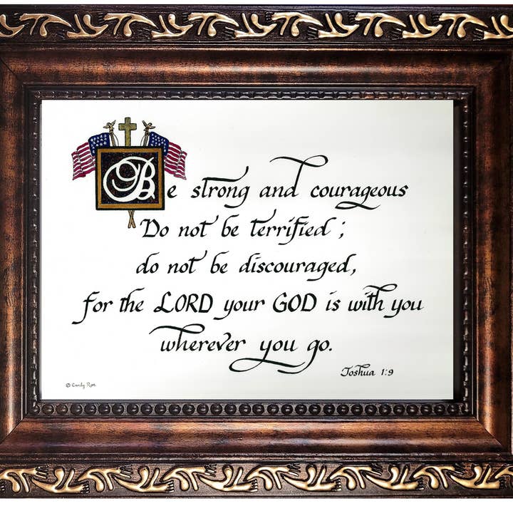 Be strong and courageous Scripture verse with American Flag for wholesale by Candy Bridges Inspirational Framed Gifts and Art