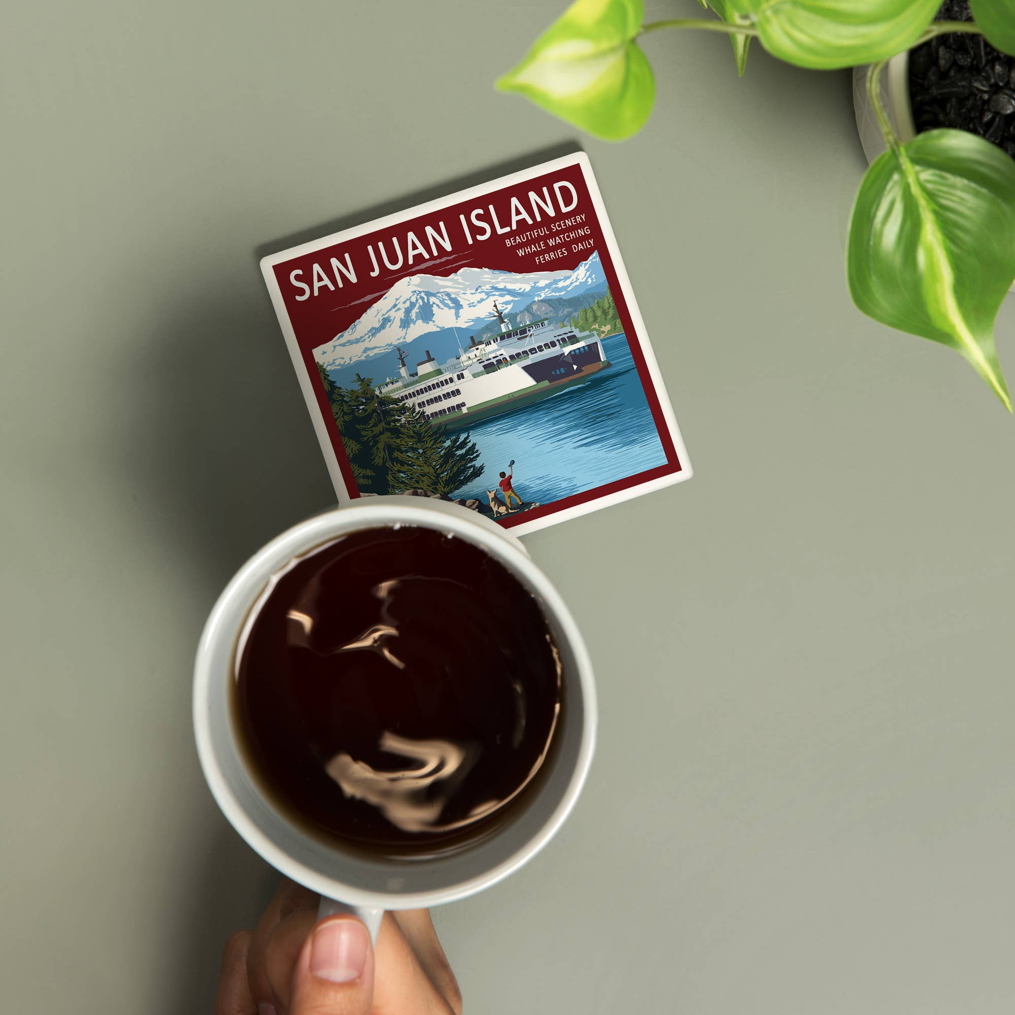 Lantern Press - Wholesale Coasters - CERAMIC COASTER San Juan Island, Boy Waving at Ferry1