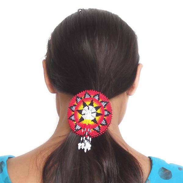 BEADS CORNER – wholesale Barrette – Women’s – Beaded Ponytail Holder Hair Tie Red Fire Medallion Beadwork Fringe1