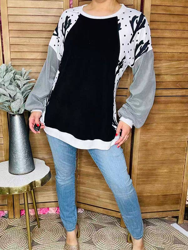 Cactus & dots & fleece grey raglan black women top BQ15021 for wholesale by luluclothes