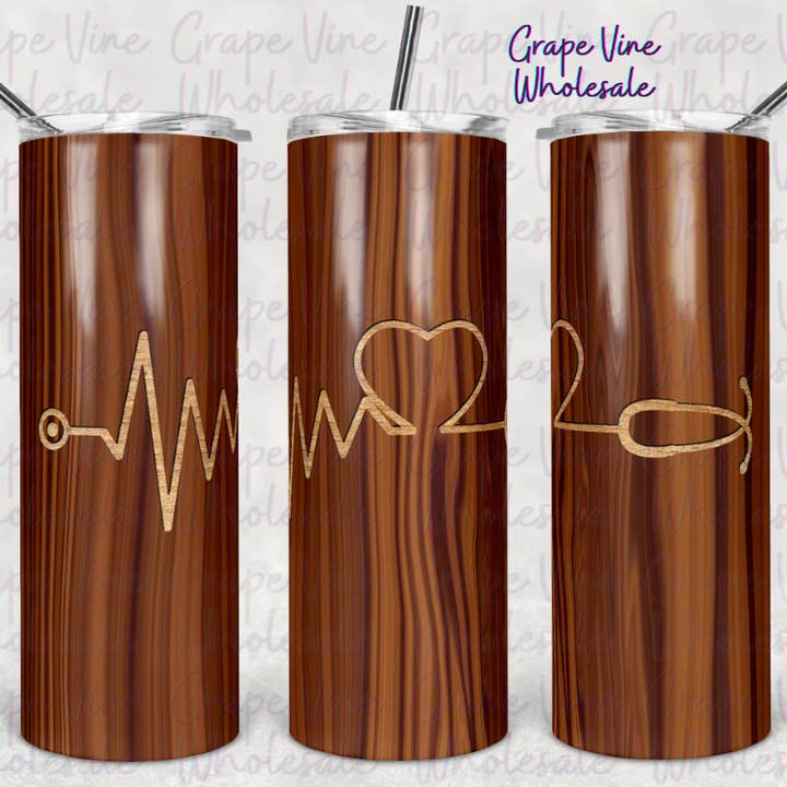Copo Térmico 20oz com Estetoscópio de Enfermeira em Padrão de Madeira por atacado de GrapeVineWholesale