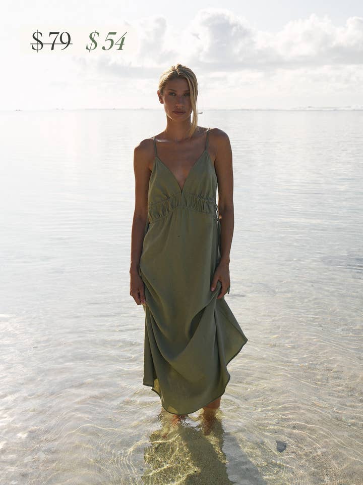 Sofia Ties Maxi Dress - Khaki Green for wholesale by The Handloom