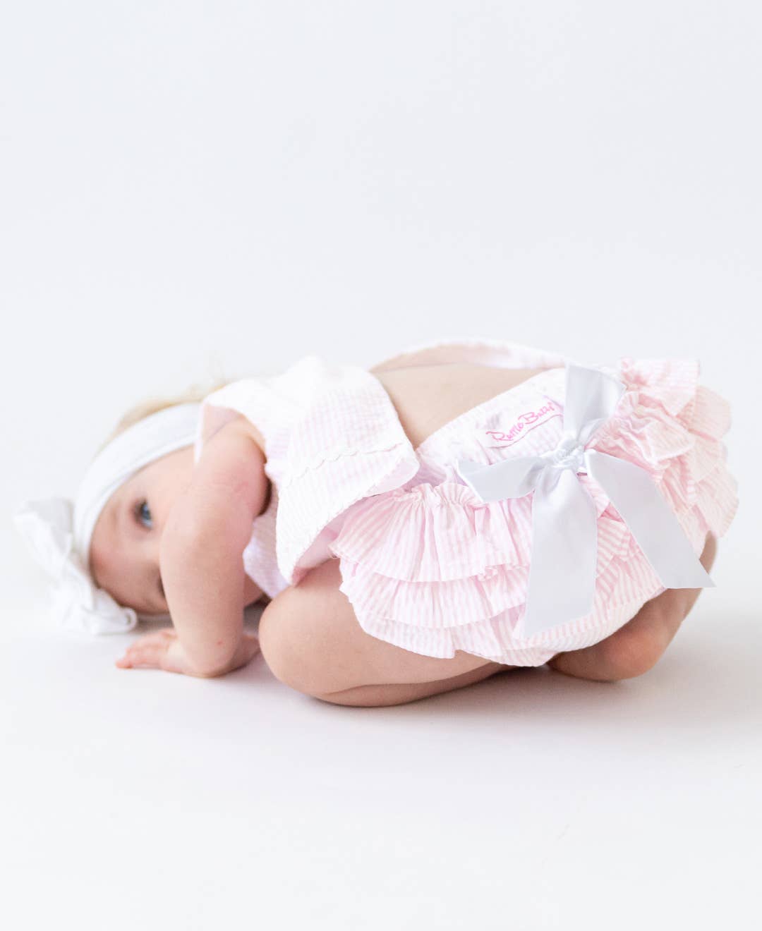 Baby Girls Pink Seersucker Ric Rac Swing Top & Bloomer Set for wholesale on Faire2