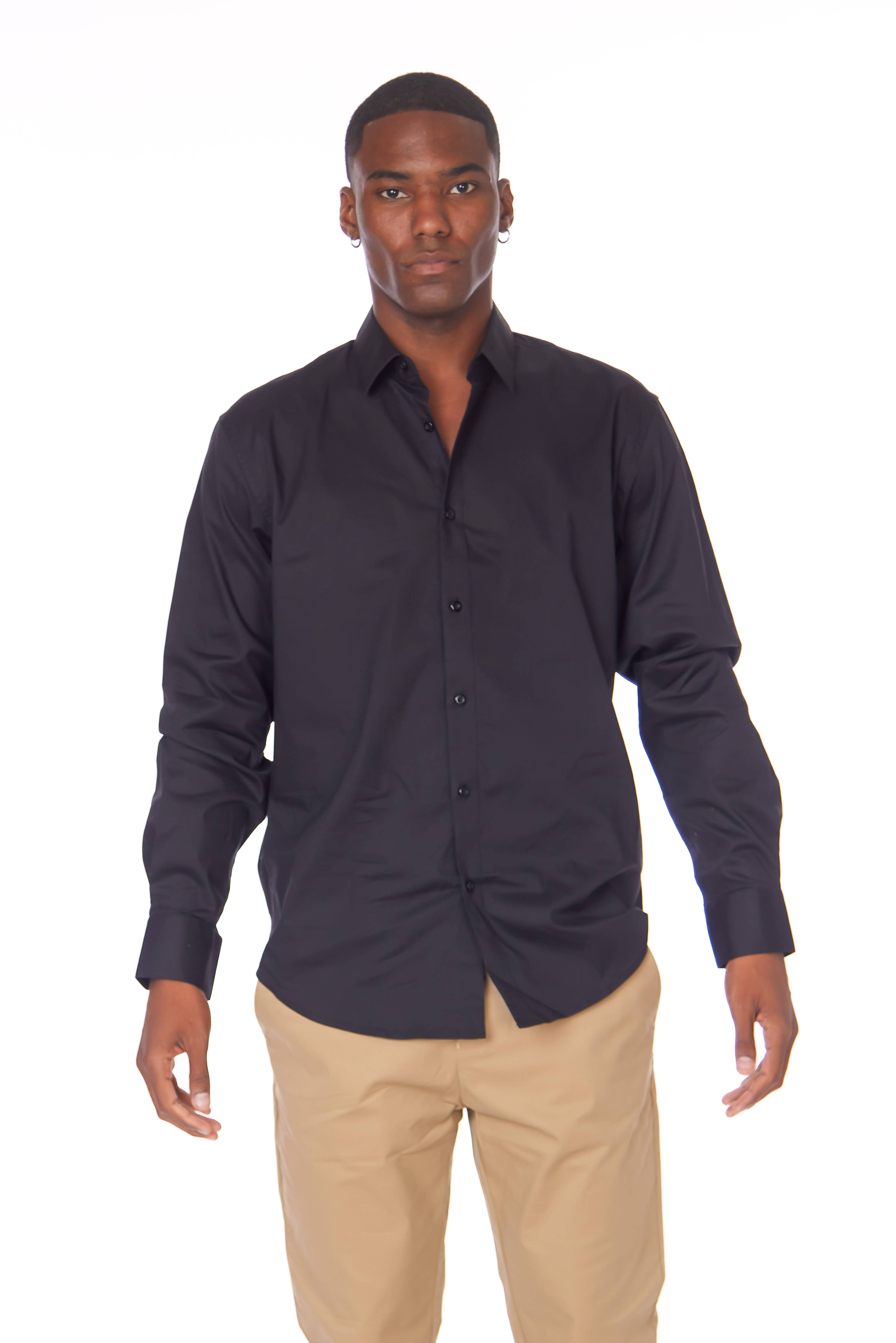 Black Men's Cotton Stretch Long Sleeve Solid Shirt for wholesale on Faire