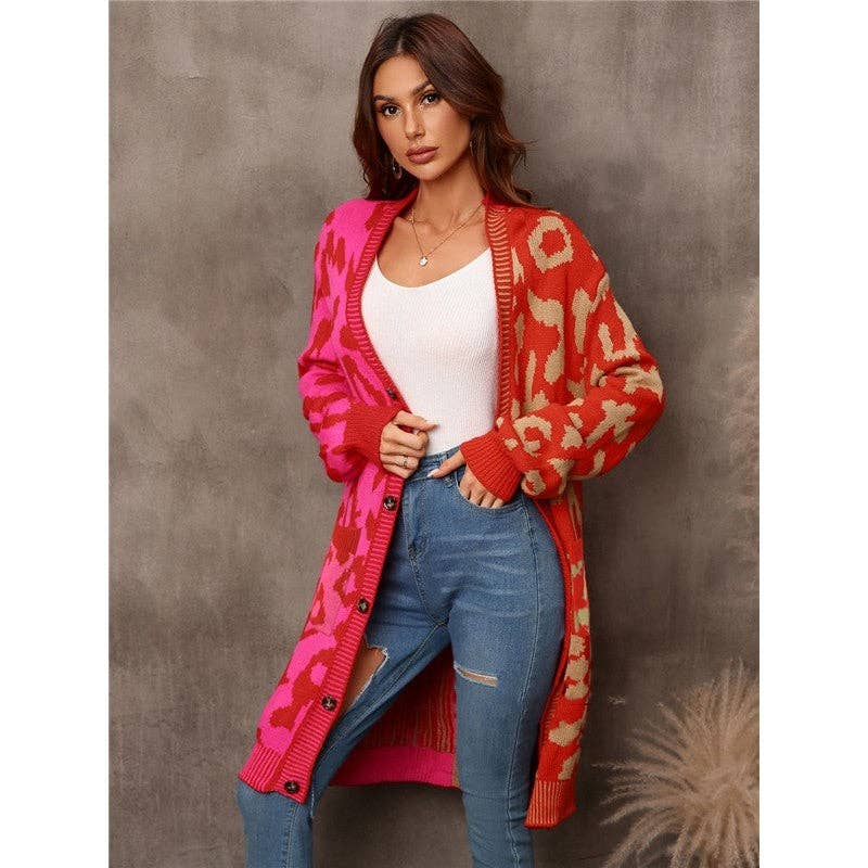 Mirazshoes WholeSale - Wholesale Cardigan - Women's - Contrast Color Leopard Buttoned Midi Knitted Cardigan Outerwear0