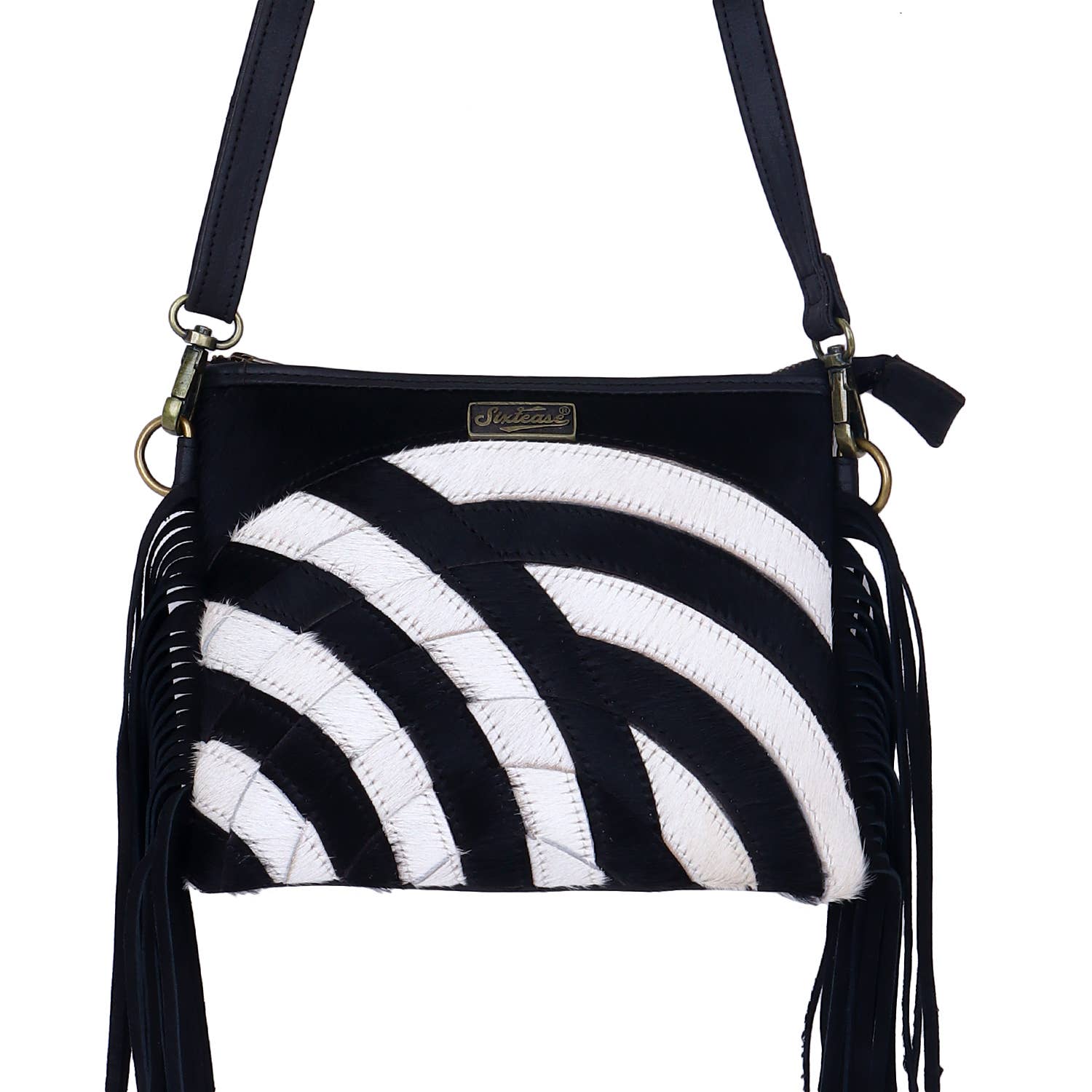 Sixtease Bags USA – Großhandel Umhängetasche - Damen – Damentuch aus Rindsleder mit Fransen - Schwarz Weiß2