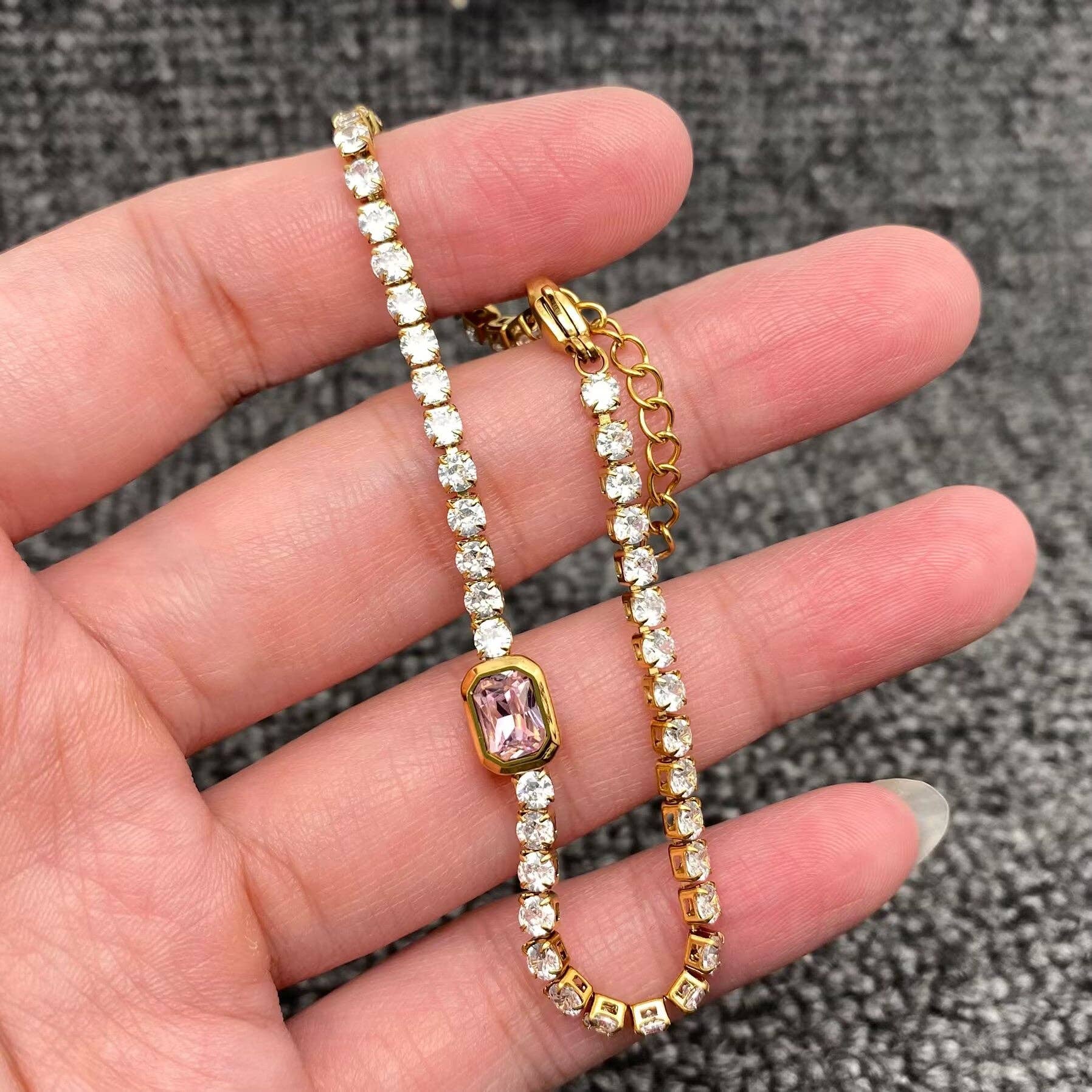 Mio Queena - Wholesale Link & Chain Bracelet - Full Zircon 3mm 18K Gold Plated Stainless Steel Bracelet-FGS3