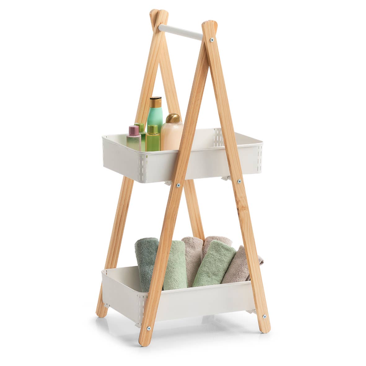 Freestanding shelf with 2 baskets, metal/wood, white for wholesale on Faire3