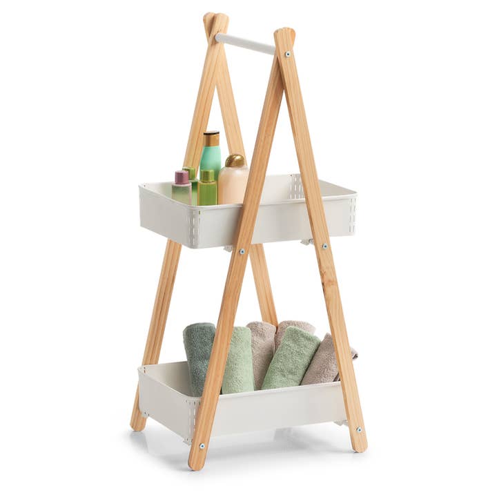 Freestanding shelf with 2 baskets, metal/wood, white for wholesale on Faire3