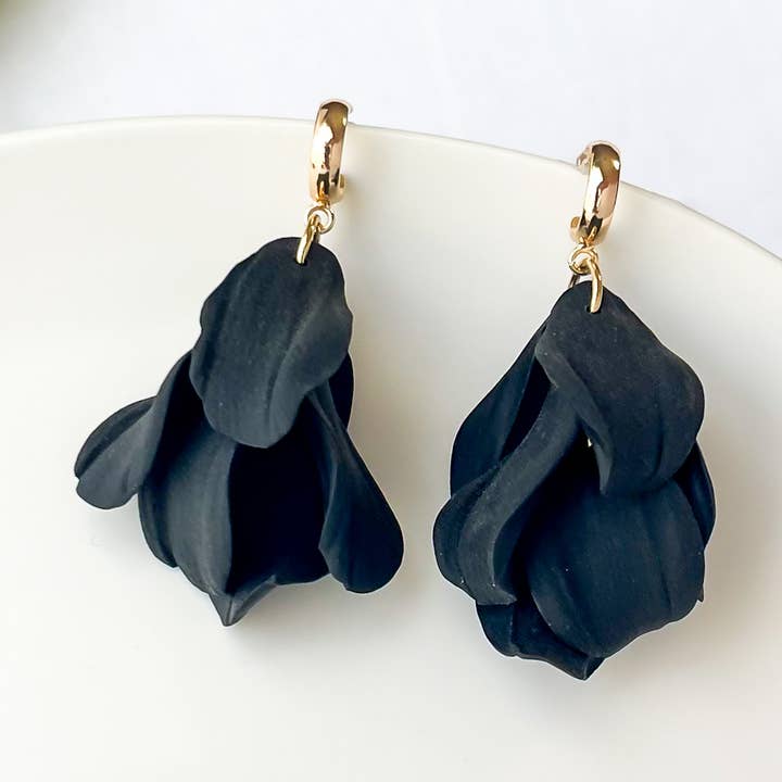 My Sister’s Things - Wholesale Dangle Earrings - Black Petal Dangle Earrings, Clay Boho Statement Earrings