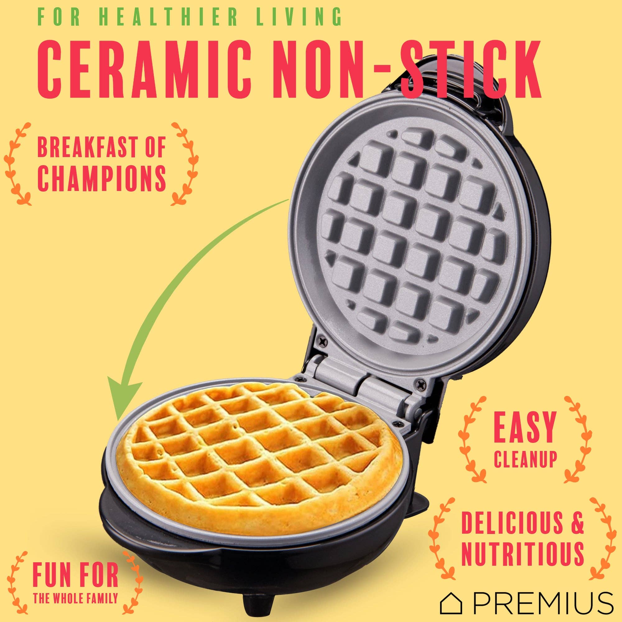 ShopBobbys - Wholesale Kitchen Appliance - PREMIUS Ceramic Non-Stick Mini Snack Waffle Maker, 4 Inch Mold10