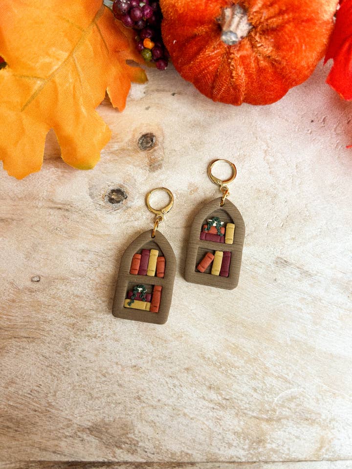 Fall Bookcase Huggies for wholesale by hunterclayco | Polymer Clay Earrings