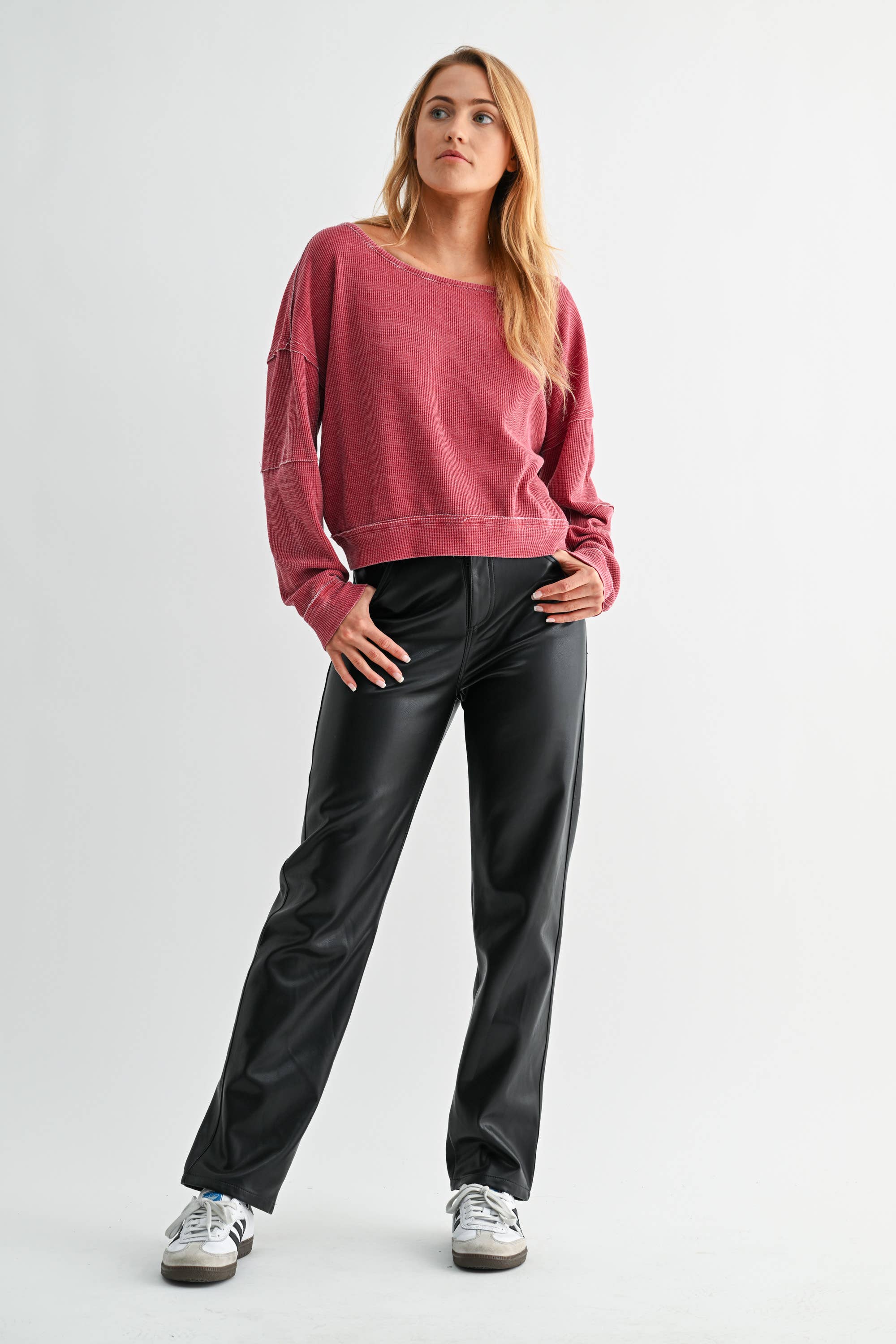 Mono B - Wholesale Sweatshirt - Women's - Raw Edge Waffle Knit Boatneck Pullover19