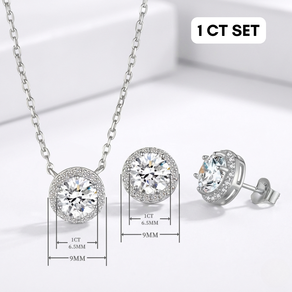 Everly Yours - Wholesale Jewelry Set - 1CT 0.5 CT Moissanite Halo Earrings & Necklace Jewelry Set2