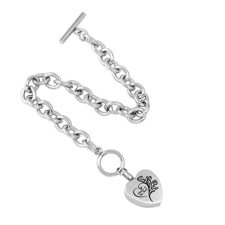 "Always In My Heart" Silver Cremation Urn Bracelet for wholesale by Cherished Emblems