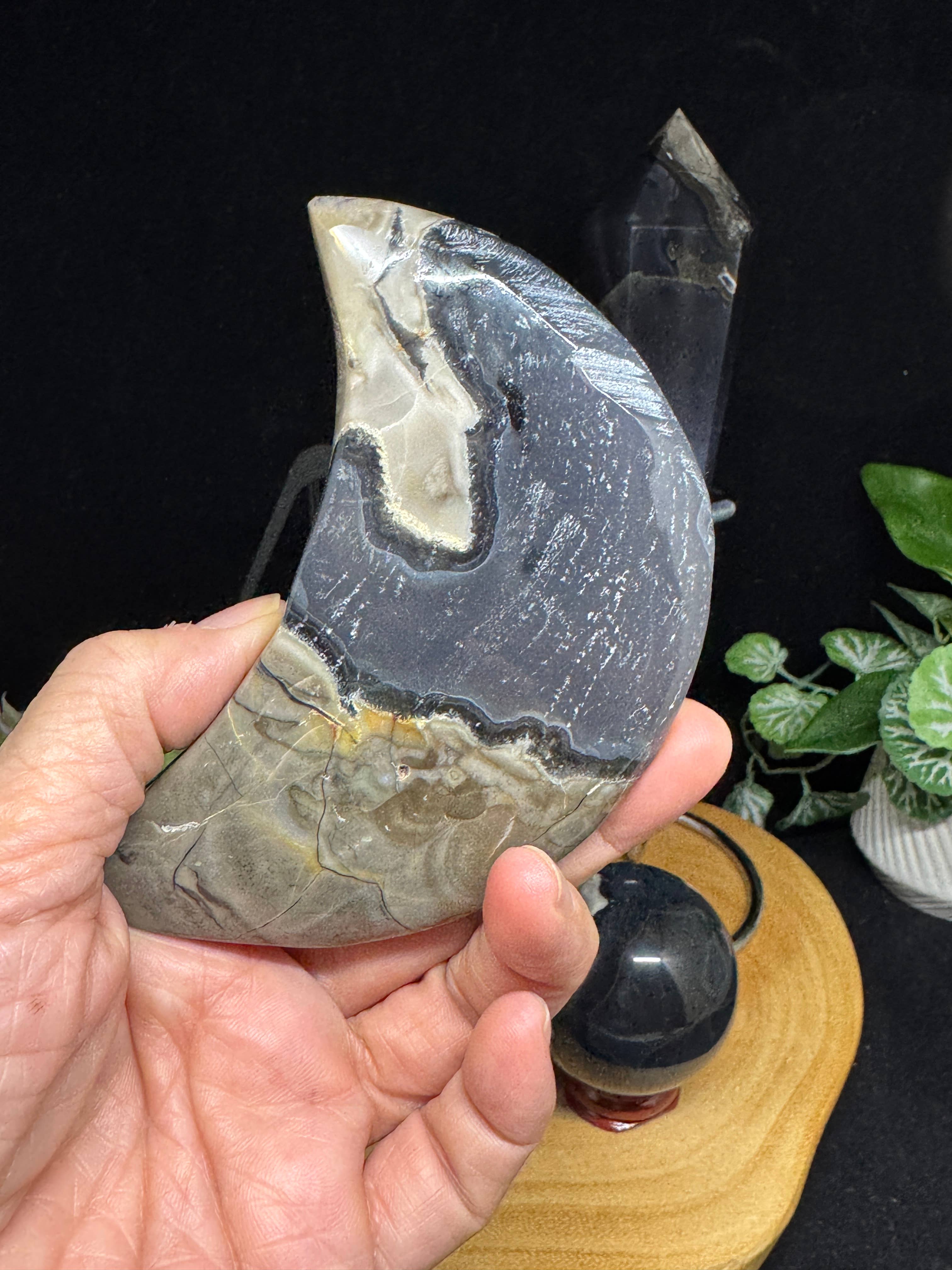 The 7 Directions - Wholesale Spiritual Stone/Crystal - 4 pc UV reactive Volcanic agate sphere wand moon bundle G7198