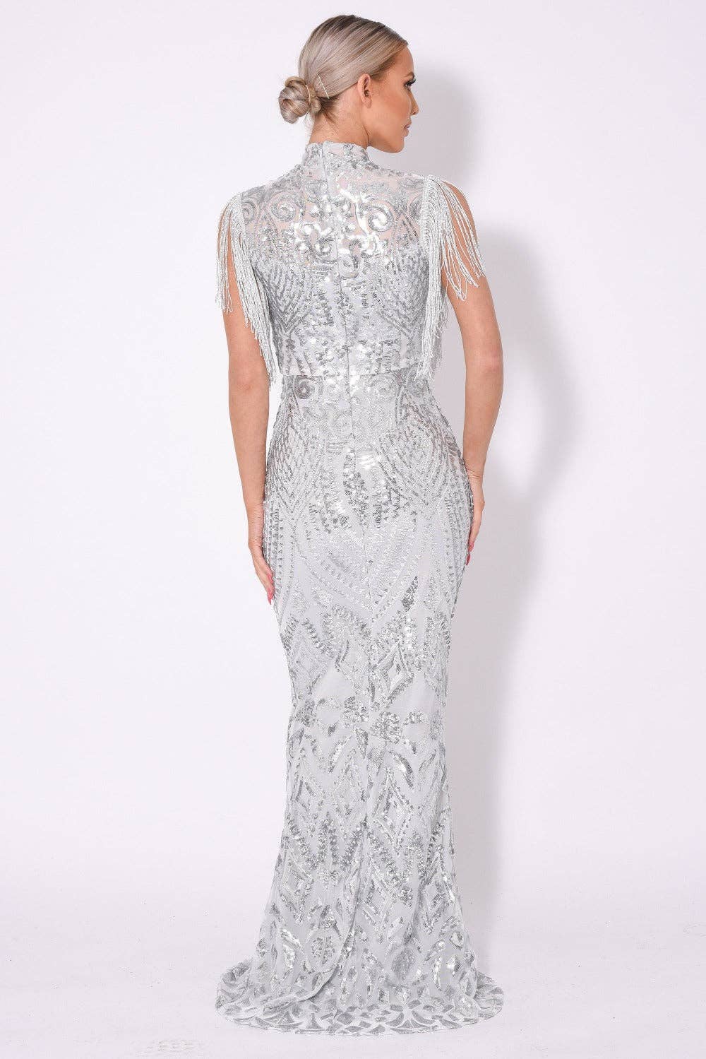 Nazz Collection Clothing Ltd - Wholesale Gown - Women's - Magic Vip Silver Luxe Tassel Fringe Sequin Embellished Illusion Maxi Dress1