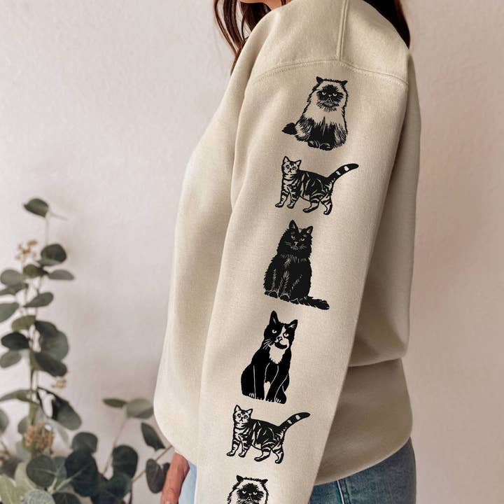 Cat sleeve print sweatshirt, hand printed unisex crewneck, cat print design, cat lover gift, block print soft cute jumper, ethical fashion for wholesale by M.E. Image