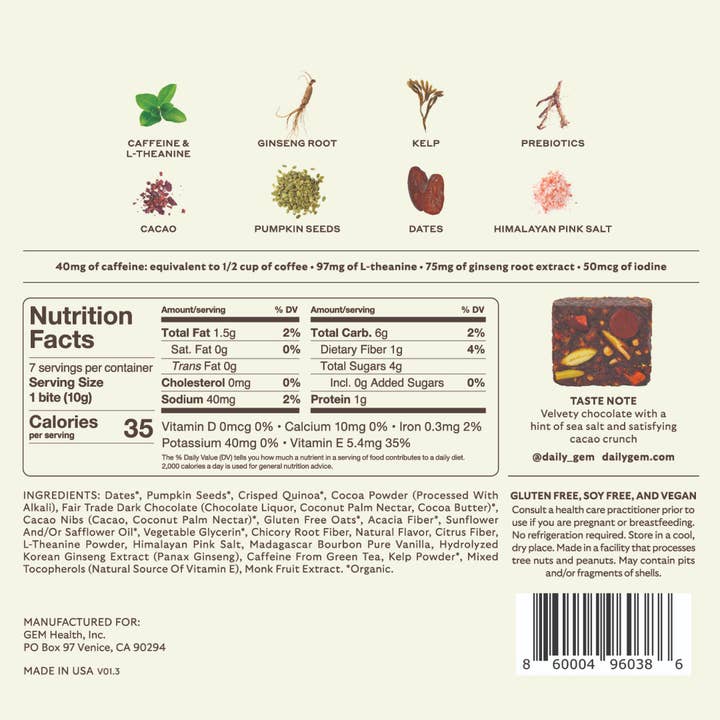 GEM - Wholesale Oral Supplement/Vitamin - Energy Bite - Chocolate Sea Salt (Case size of 6)4