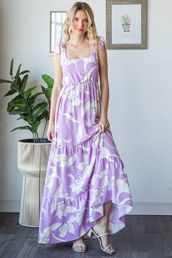 7th Ray - Vendita all'ingrosso Vestito - Donna - Vestito lungo a balze con spalline a fiocco e scollo quadrato floreale D592912