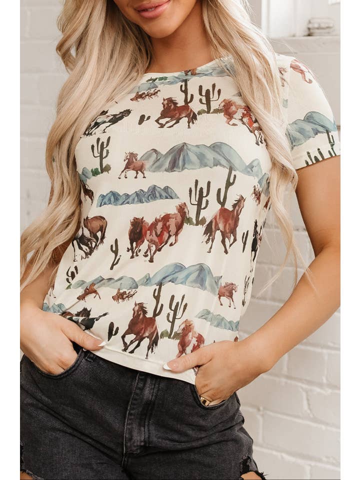 Beige Western Mesh Short Sleeve T-Shirt for wholesale on Faire