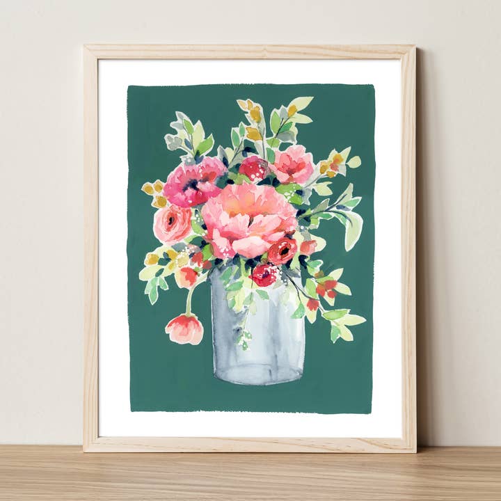Green and Pink Flower Vase Art Print | Watercolor + Gouche for wholesale by Murray Designs