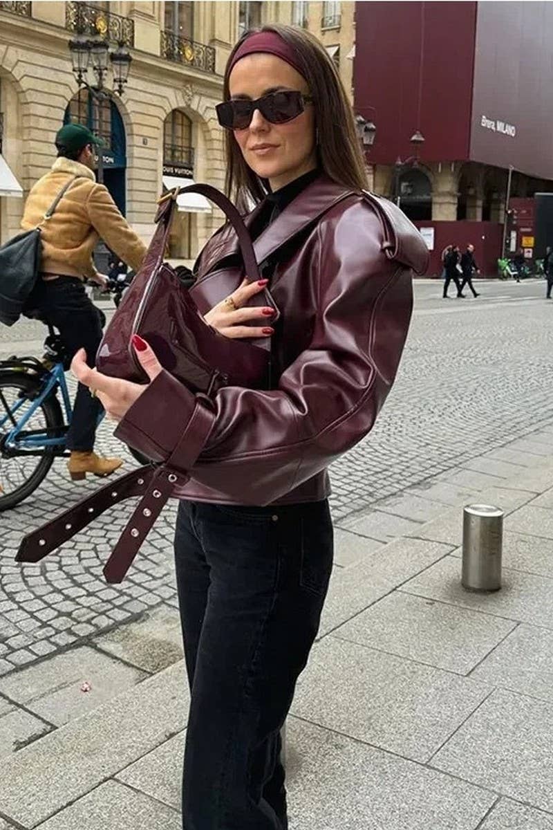 NINEXIS - Wholesale Coat - Women's - CWOCO1059_SOLID COLOR VINTAGE LAPEL LEATHER JACKET1