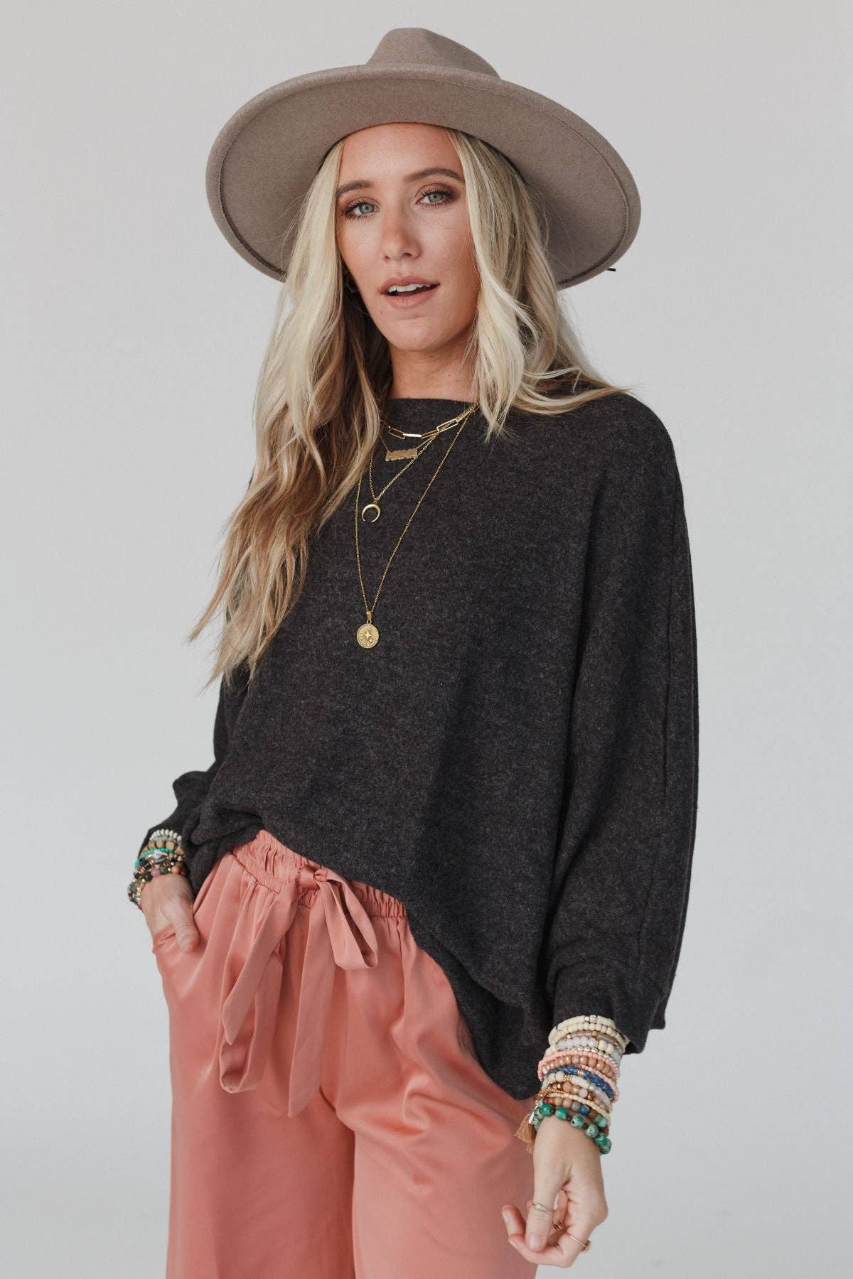 Three Bird Nest - Vente Pull en maille – femme - Pull en tricot à manches chauve-souris Fly With Me - Gris anthrac4