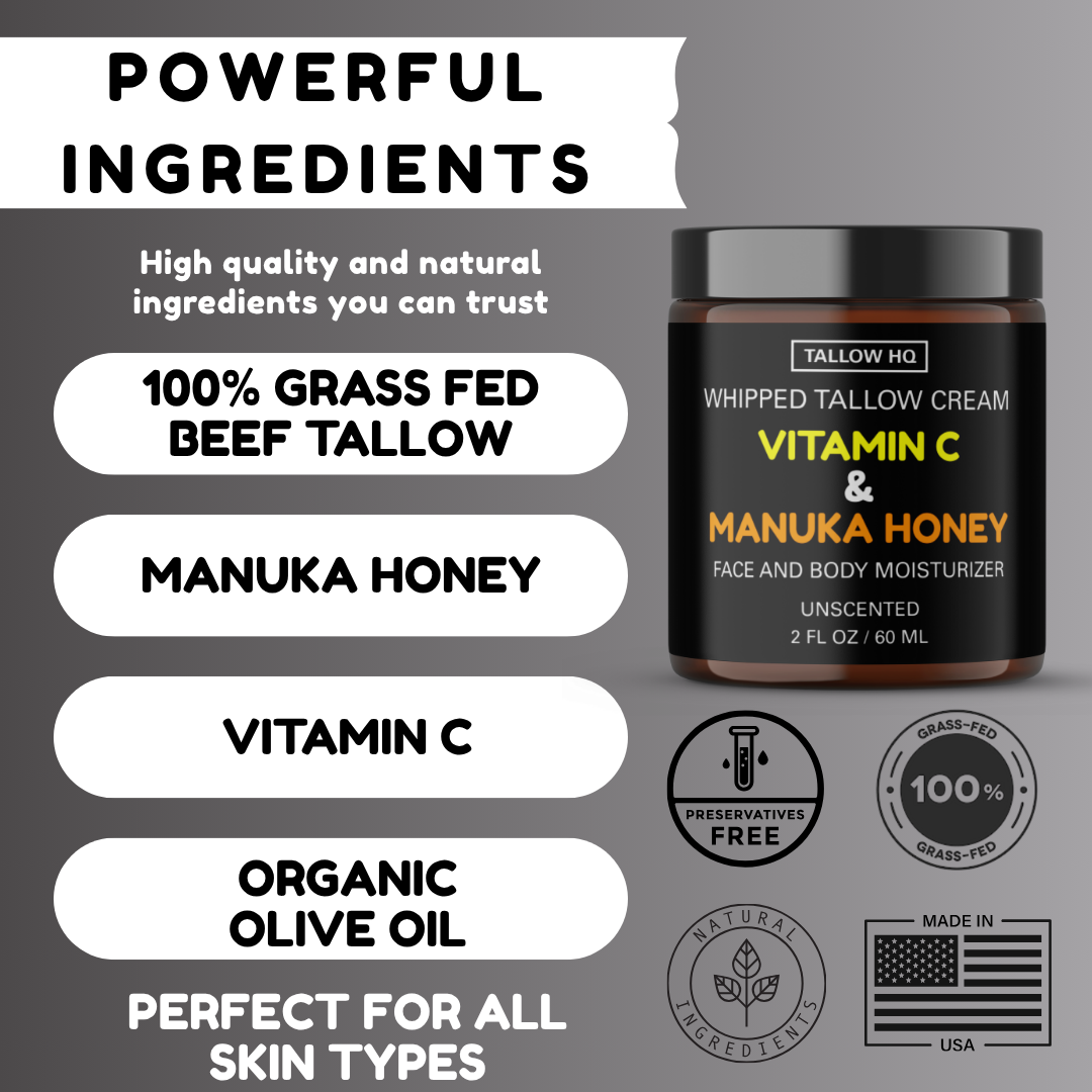 TALLOW HQ - Wholesale Body Cream/Lotion - Tallow Cream with Vitamin C and Manuka Honey, Face &Body,2oz1