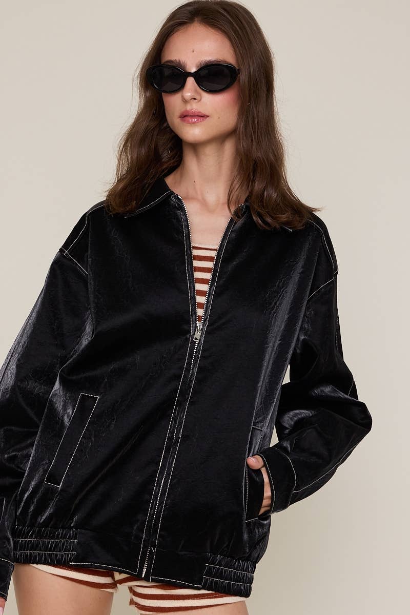 Sky to Moon - Vente Veste en cuir – femme - VESTE OVERSIZE À COL EN SIMILICUIR AVEC DÉTAILS POINTUS3