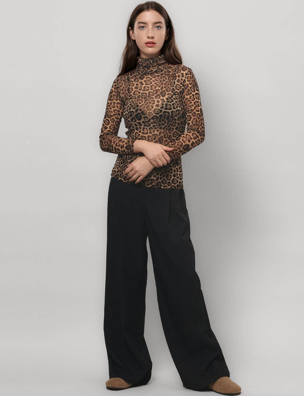 Dipped Shop - Wholesale Blouse - Women's - Leopard Print HIgh Collar Slim Fit Sexy Mesh Top DPT47965