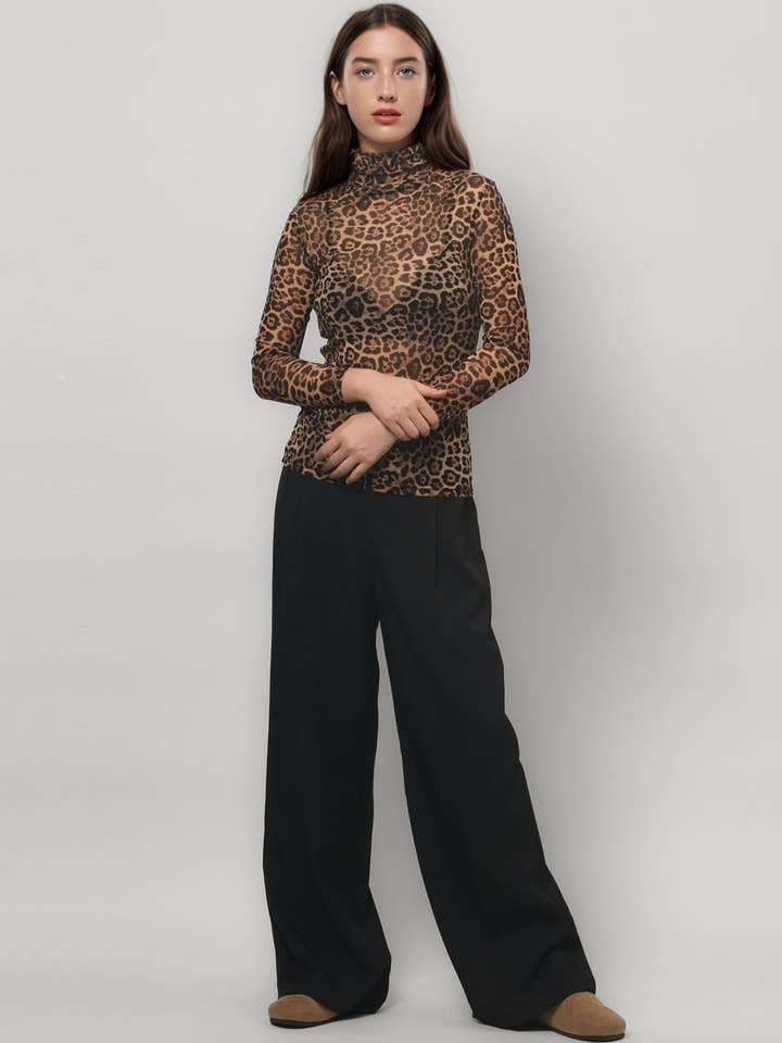 Dipped Shop - Wholesale Blouse - Women's - Leopard Print HIgh Collar Slim Fit Sexy Mesh Top DPT47965
