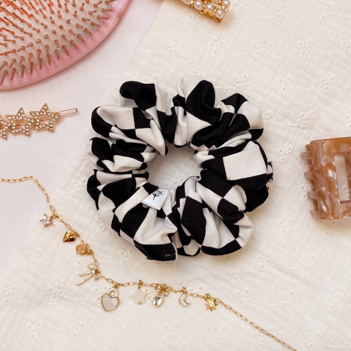 Elástico de Cabelo Preto e Branco com Padrão de Xadrez e Elasticidade por atacado de Wild Rose Accessories