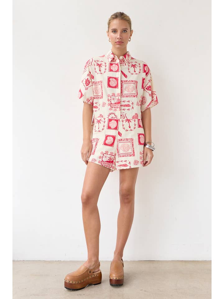 RED PALM TREE PRINT SHIRT ROMPER - RJP1013 for wholesale on Faire