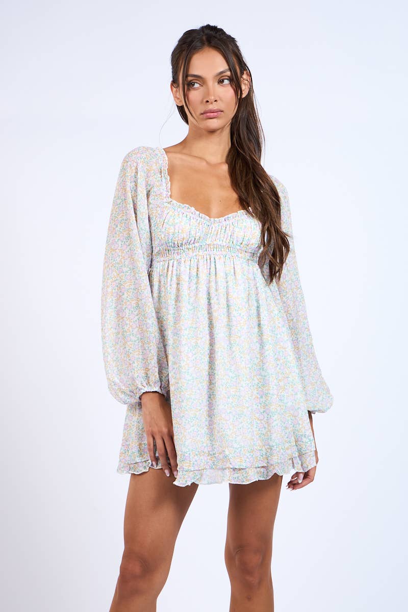 Lovely Bae DITSY FLORAL LONG SLEEVE RUFFLE TRIM MINI DRESS for wholesale on Faire7