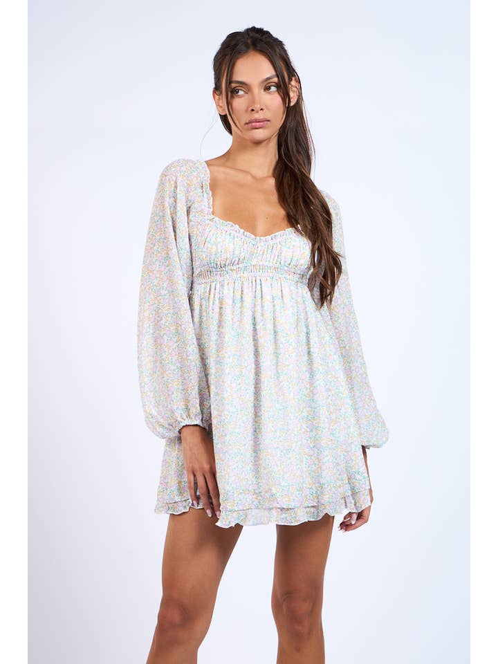Lovely Bae DITSY FLORAL LONG SLEEVE RUFFLE TRIM MINI DRESS for wholesale on Faire7