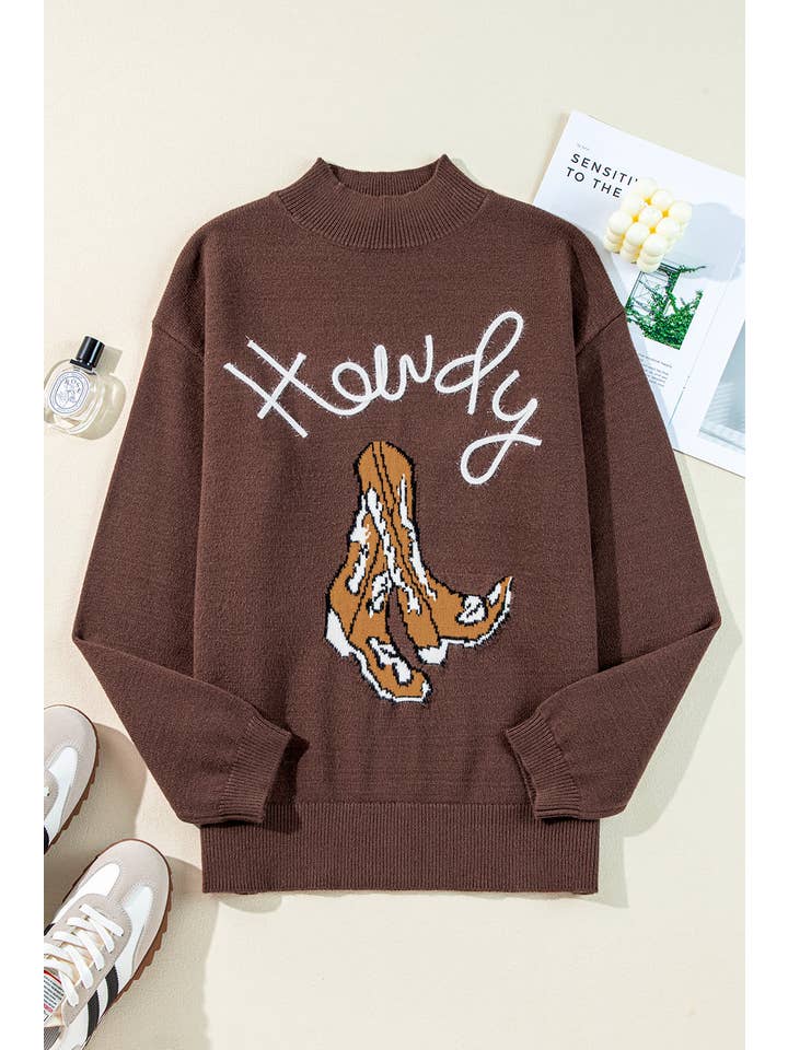 Coffee Howdy Boot Mock Neck Sweater for wholesale on Faire