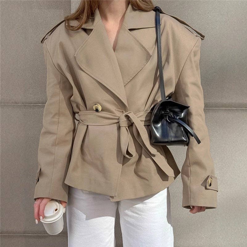 KHAKI Mid-Length Sleeve Lapel Tie-Waist Trench Coat for wholesale on Faire0