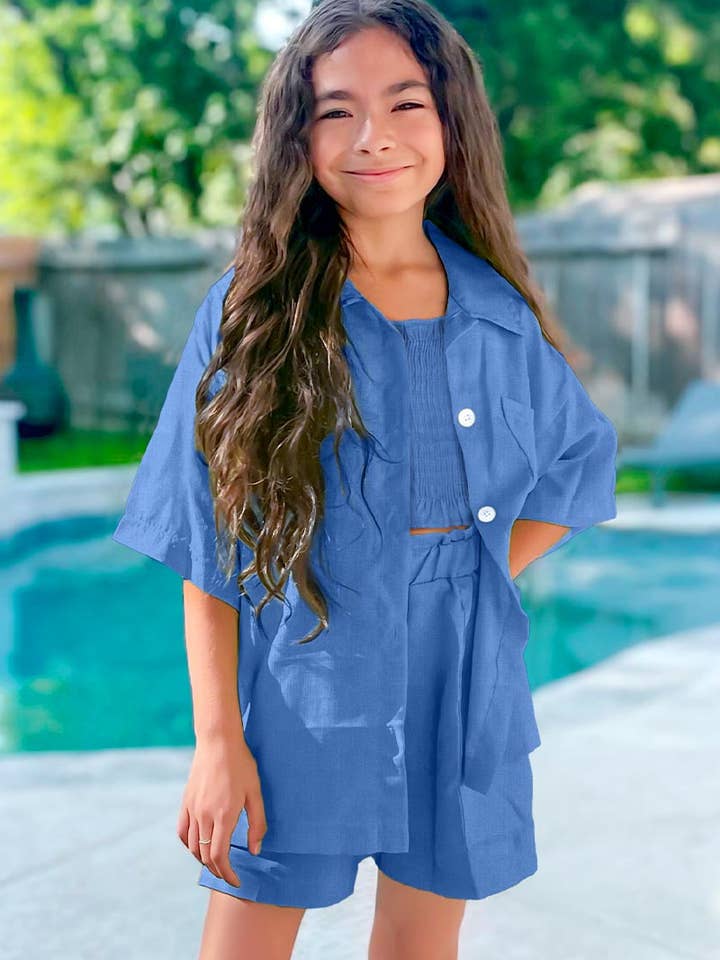 TKSS-M23-3093T Set corto da 3 pezzi per bambini con top a nido d'oca per la vendita all'ingrosso da parte di Cutie Patootie Clothing