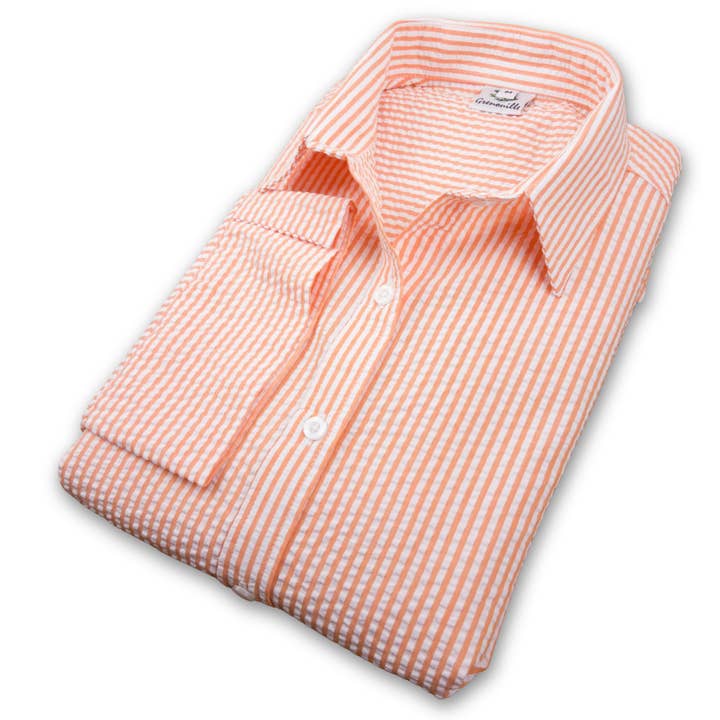 Salamander Shirts Ltd - Wholesale Button Down Shirt - Women's - Grenouille 3/4 Sleeve Orange Stripe Seersucker Shirt3