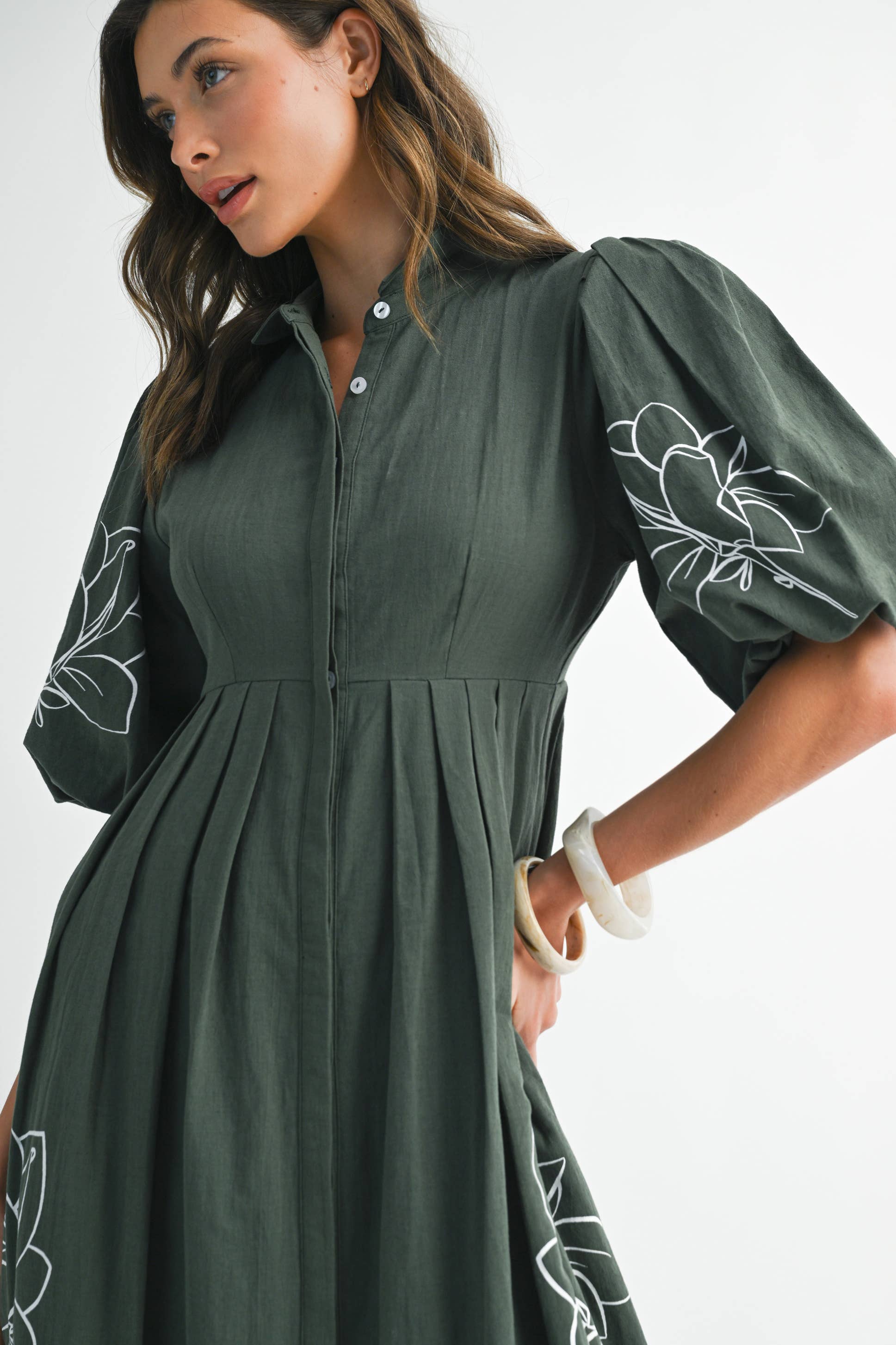 FOREST GREEN ND0085 Artisanal Embroidered Balloon Dress for wholesale on Faire2