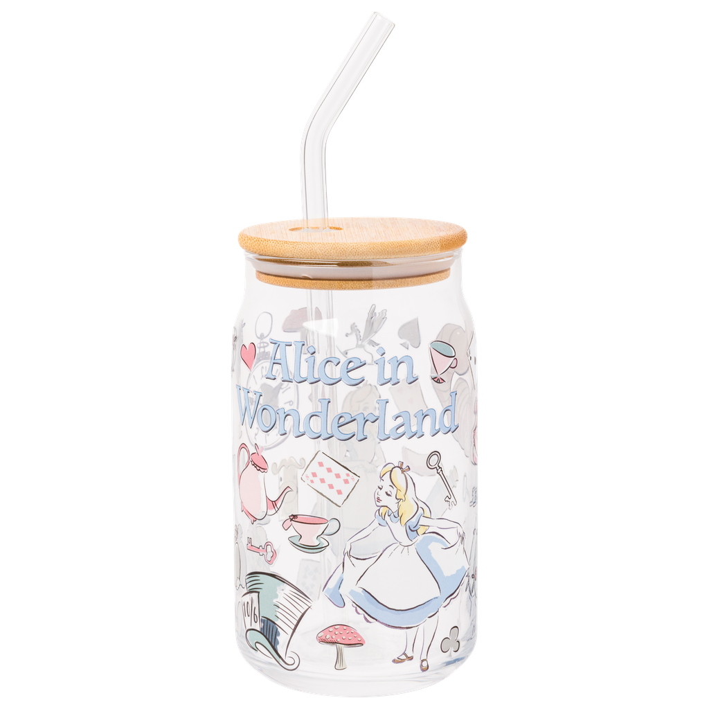 Silver Buffalo - Vente Verre/tasse - Gobelet en verre Alice au pays des merveilles Icones 16 oz avec couvercle en bambou1