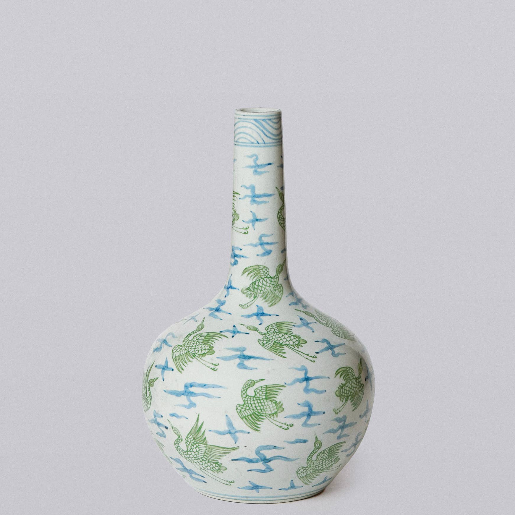 Cobalt Guild - Vendita all'ingrosso Vasi - Vaso a globo in porcellana verde e blu con gru e nuvole2