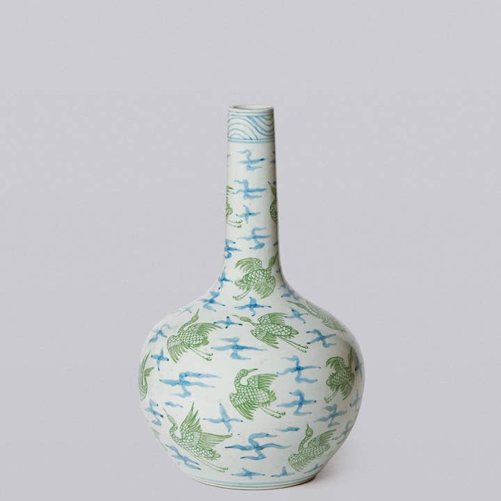 Cobalt Guild - Vendita all'ingrosso Vasi - Vaso a globo in porcellana verde e blu con gru e nuvole2